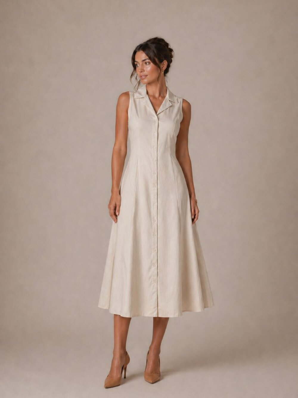 The Limited Beige Sleeveless Summer Cotton Maxi Button Front Collared Dress sx 2